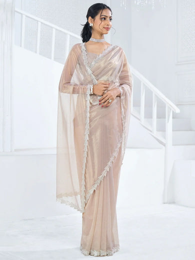 Charming Beige Swarovski Work Organza Designer Saree With Blouse